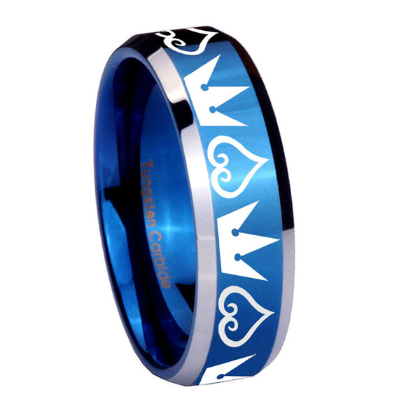 10mm Hearts and Crowns Beveled Edges Blue 2 Tone Tungsten Mens Promise Ring
