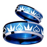 His Hers Hearts and Crowns Beveled Edges Blue 2 Tone Tungsten Engagement Ring Set