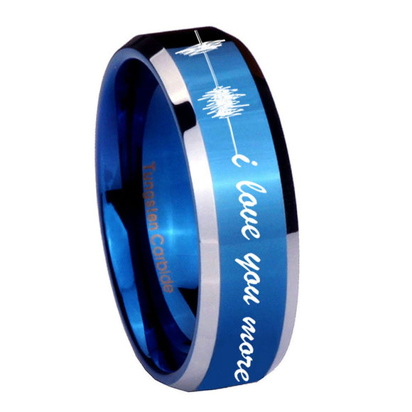 8mm Sound Wave, I love you more Beveled Blue 2 Tone Tungsten Engraved Ring