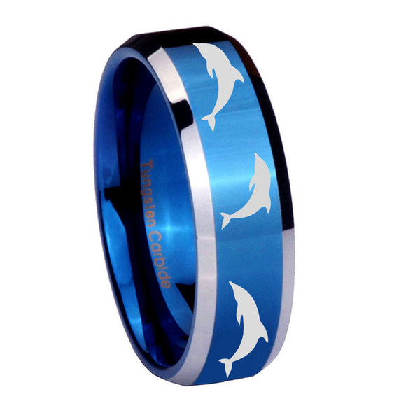 10mm Dolphins Beveled Edges Blue 2 Tone Tungsten Carbide Mens Ring Personalized