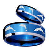 His Hers Dolphins Beveled Edges Blue 2 Tone Tungsten Personalized Ring Set