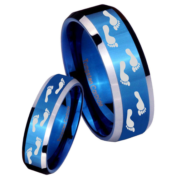 His Hers Foot Print Beveled Edges Blue 2 Tone Tungsten Wedding Band Mens Set