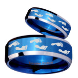His Hers Foot Print Beveled Edges Blue 2 Tone Tungsten Wedding Band Mens Set