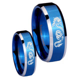 His Hers Dragon Beveled Edges Blue 2 Tone Tungsten Wedding Engraving Ring Set