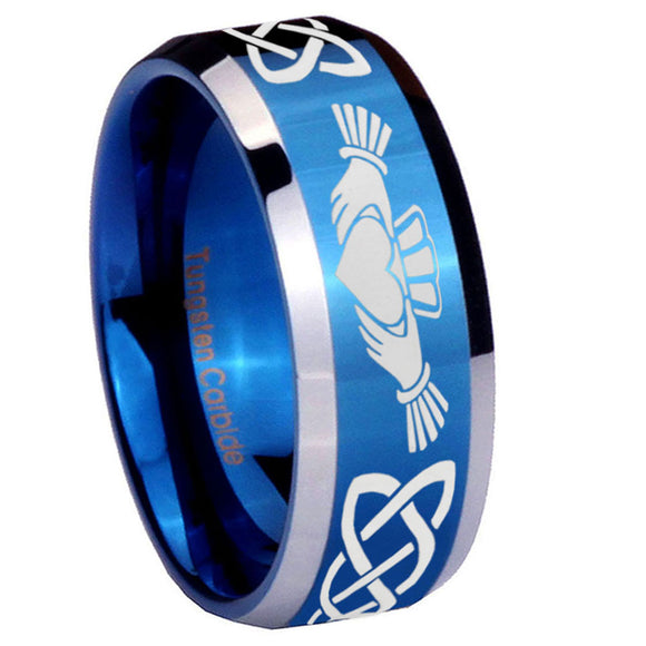 10mm Irish Claddagh Beveled Edges Blue 2 Tone Tungsten Men's Engagement Ring