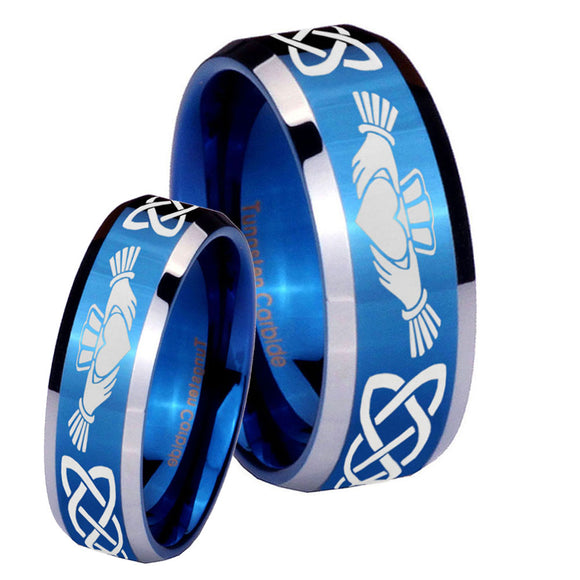 His Hers Irish Claddagh Beveled Blue 2 Tone Tungsten Mens Engagement Band Set