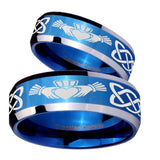 His Hers Irish Claddagh Beveled Blue 2 Tone Tungsten Mens Engagement Band Set