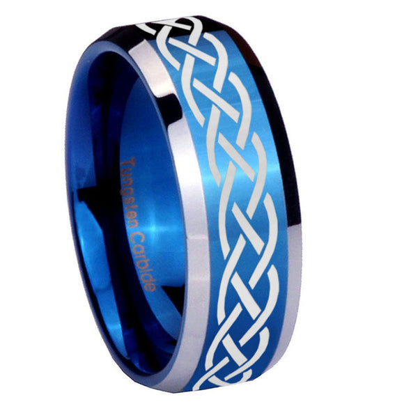 8mm Celtic Knot Beveled Edges Blue 2 Tone Tungsten Mens Ring Engraved