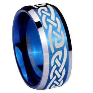 8mm Celtic Knot Infinity Love Beveled Edges Blue 2 Tone Tungsten Mens Ring Engraved