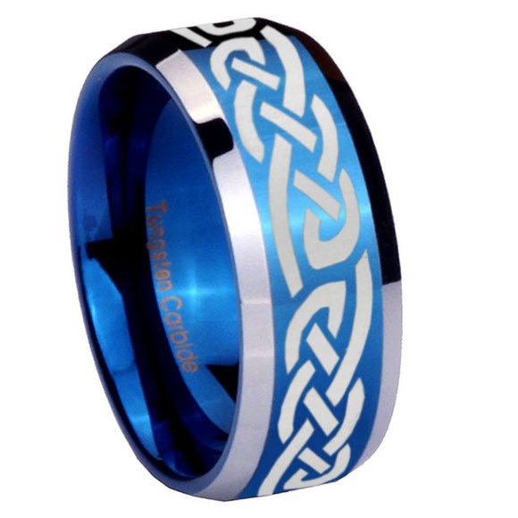 8mm Celtic Knot Infinity Love Beveled Edges Blue 2 Tone Tungsten Mens Ring Engraved