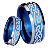 8mm Celtic Knot Infinity Love Beveled Edges Blue 2 Tone Tungsten Mens Ring Engraved