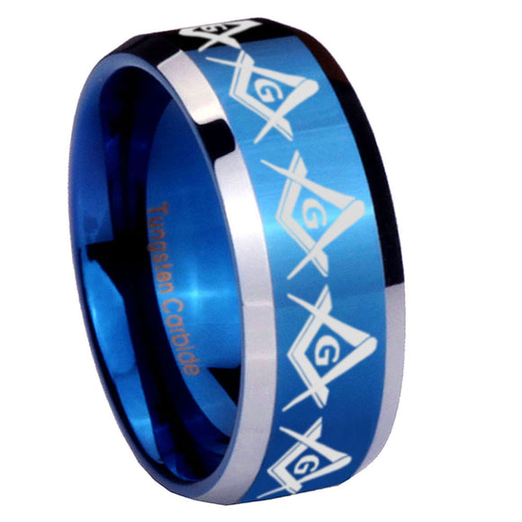 10mm Masonic Square and Compass Beveled Edges Blue 2 Tone Tungsten Men's Engagement Ring