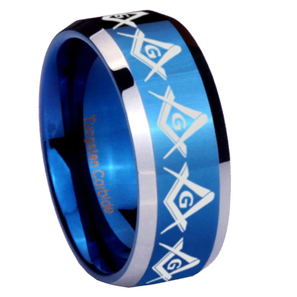 8mm Masonic Square and Compass Beveled Edges Blue 2 Tone Tungsten Mens Ring Engraved