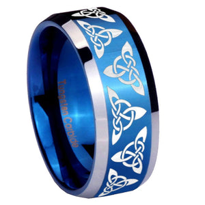 8mm Celtic Knot Beveled Edges Blue 2 Tone Tungsten Mens Ring Engraved