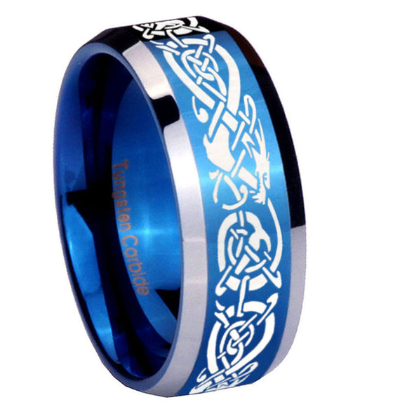 10mm Celtic Knot Dragon Beveled Edges Blue 2 Tone Tungsten Wedding Band Ring