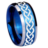 8mm Laser Celtic Knot Beveled Edges Blue 2 Tone Tungsten Mens Ring Engraved