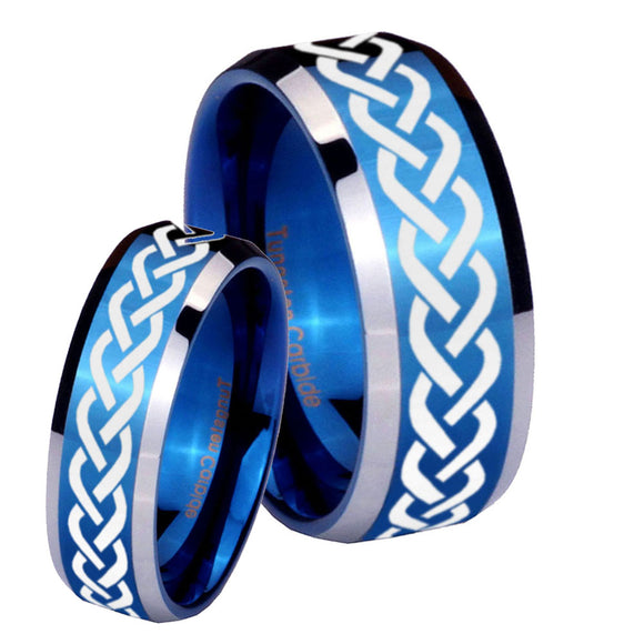 His Hers Laser Celtic Knot Beveled Blue 2 Tone Tungsten Men's Wedding Band Set