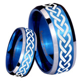 8mm Laser Celtic Knot Beveled Edges Blue 2 Tone Tungsten Mens Ring Engraved