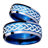 His Hers Laser Celtic Knot Beveled Blue 2 Tone Tungsten Men's Wedding Band Set