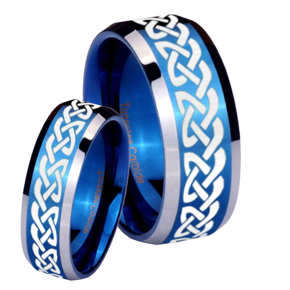 His Hers Celtic Knot Love Beveled Blue 2 Tone Tungsten Men's Wedding Band Set