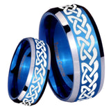 8mm Celtic Knot Love Beveled Edges Blue 2 Tone Tungsten Mens Ring Engraved