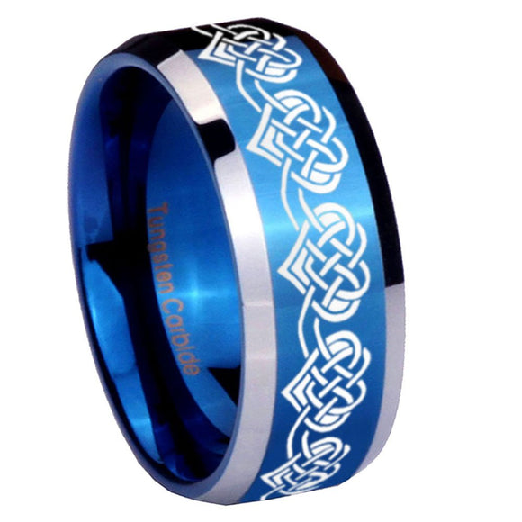 8mm Celtic Knot Heart Beveled Edges Blue 2 Tone Tungsten Mens Ring Engraved
