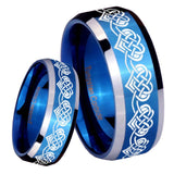 8mm Celtic Knot Heart Beveled Edges Blue 2 Tone Tungsten Mens Ring Engraved