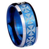 8mm Medieval Cross Beveled Edges Blue 2 Tone Tungsten Mens Ring Engraved
