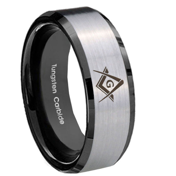 10mm Freemason Masonic Beveled Brushed Silver Black Tungsten Mens Ring Engraved