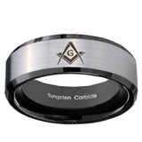 10mm Freemason Masonic Beveled Brushed Silver Black Tungsten Mens Ring Engraved