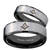 His Hers Freemason Masonic Beveled Brush Black 2 Tone Tungsten Ring Set