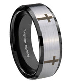 10mm Crosses Beveled Edges Brushed Silver Black Tungsten Mens Engagement Band