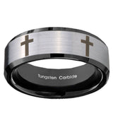 10mm Crosses Beveled Edges Brushed Silver Black Tungsten Mens Engagement Band