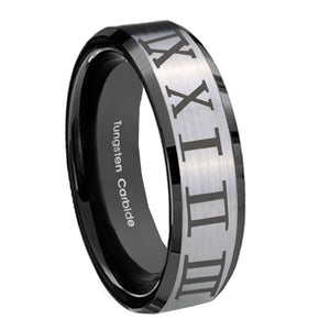 10mm Roman Numeral Beveled Edges Brushed Silver Black Tungsten Engagement Ring