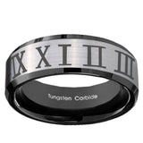 10mm Roman Numeral Beveled Edges Brushed Silver Black Tungsten Engagement Ring