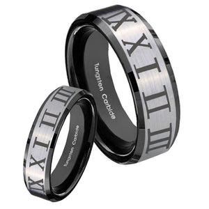 His Hers Roman Numeral Beveled Brush Black 2 Tone Tungsten Mens Wedding Ring Set