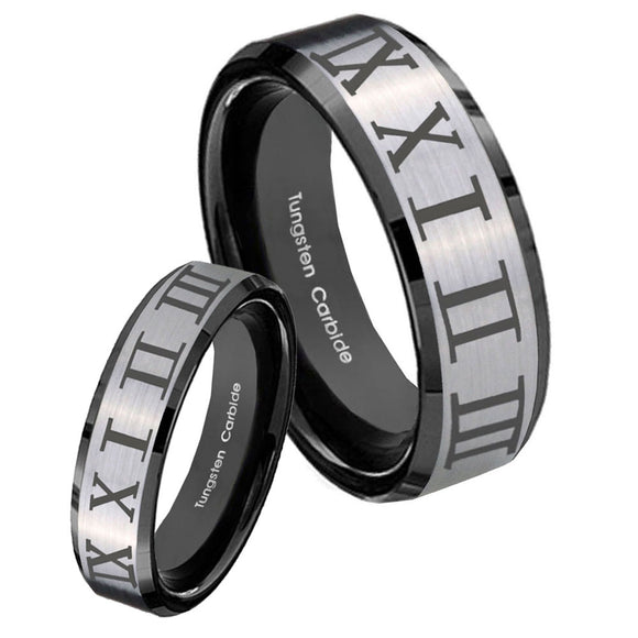 His Hers Roman Numeral Beveled Brush Black 2 Tone Tungsten Mens Wedding Ring Set