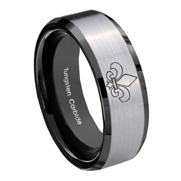 10mm Fleur De Lis Beveled Brushed Silver Black Tungsten Custom Mens Ring