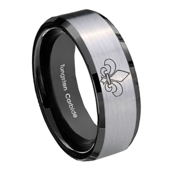 8mm Fleur De Lis Beveled Brush Black 2 Tone Tungsten Wedding Engraving Ring