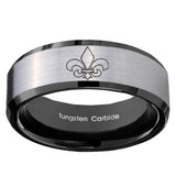 10mm Fleur De Lis Beveled Brushed Silver Black Tungsten Custom Mens Ring