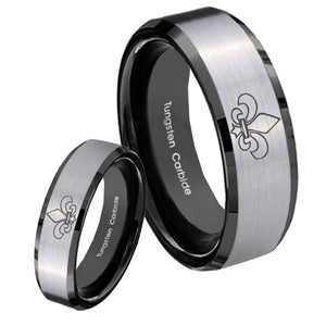 His Hers Fleur De Lis Beveled Brush Black 2 Tone Tungsten Mens Ring Set