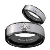 His Hers Fleur De Lis Beveled Brush Black 2 Tone Tungsten Mens Ring Set