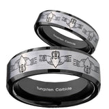 His Hers Irish Claddagh Beveled Brush Black 2 Tone Tungsten Men's Band Ring Set