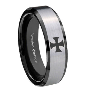 8mm Maltese Cross Beveled Edges Brush Black 2 Tone Tungsten Men's Bands Ring