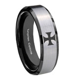 10mm Maltese Cross Beveled Edges Brushed Silver Black Tungsten Engraved Ring