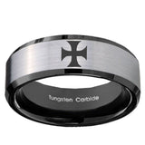 10mm Maltese Cross Beveled Edges Brushed Silver Black Tungsten Engraved Ring