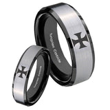 His Hers Maltese Cross Beveled Brush Black 2 Tone Tungsten Men Ring Set