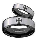 His Hers Maltese Cross Beveled Brush Black 2 Tone Tungsten Men Ring Set