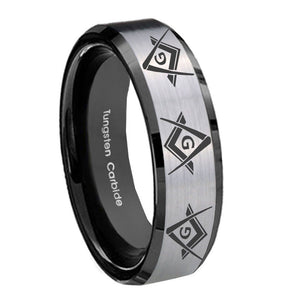 10mm Master Mason Masonic  Beveled Brushed Silver Black Tungsten Bands Ring