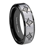 8mm Master Mason Masonic  Beveled Brush Black 2 Tone Tungsten Mens Ring Engraved